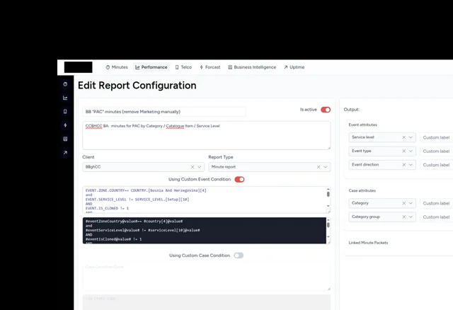 Client support portal showing report configuration tools.