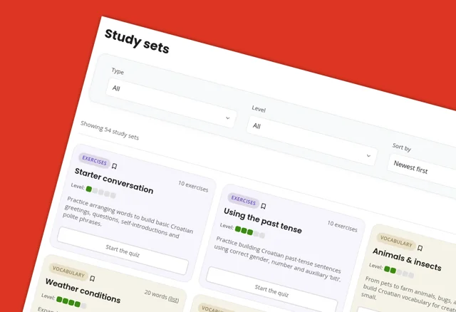 Language learning platform showing study sets and exercises.