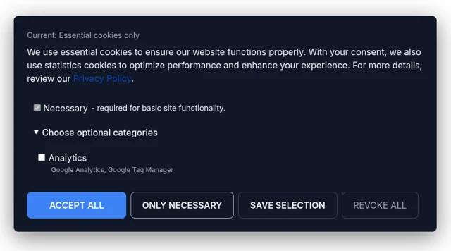 NexusConsent PRO cookie preferences with optional analytics categories and consent controls.