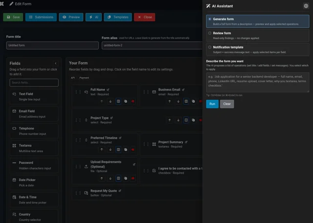 NXP Easy Forms PRO showing the Joomla form editor and AI assistant.